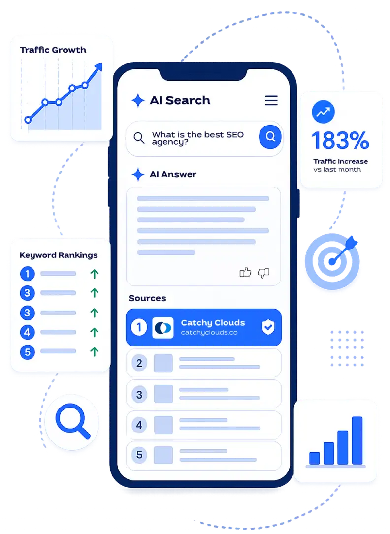 SEO analytics dashboard showing traffic growth and keyword rankings